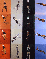 Male and Female circus artists executing 4 rotating movements and painted like Eadweard Muybridge photos of motion