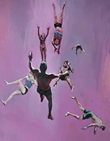 Oil painting showing acrobats and circus artists forming a compact cluster mid-air
