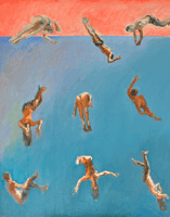 Gymnasts painted in red tones falling together