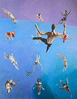 Teeterboard figure painted falling out of a grid  of other falling figures