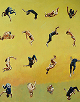 Oil painting of 2 performers mid-flip in aerial motion