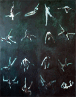 Dark Painting of two circus artists making 2 orbital m ovements