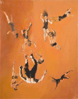 Red-themed composition of rotating gymnasts