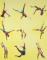 Painting of acrobats tumbling through space