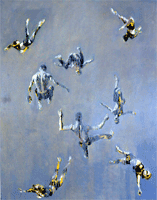 Large scale oil painting of grey-toned acrobats